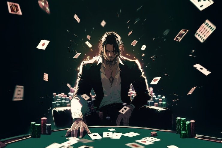 Tampilan meja Teen Patti dengan kartu dan posisi pemain